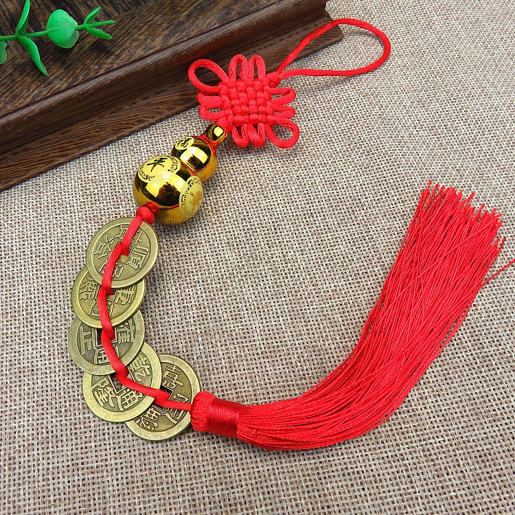 Dây đồng tiền xu Ngũ Đế gắn hồ lô vàng trên đỉnh và dây đồng xu phong thủy chiêu tài rước lộc may mắn