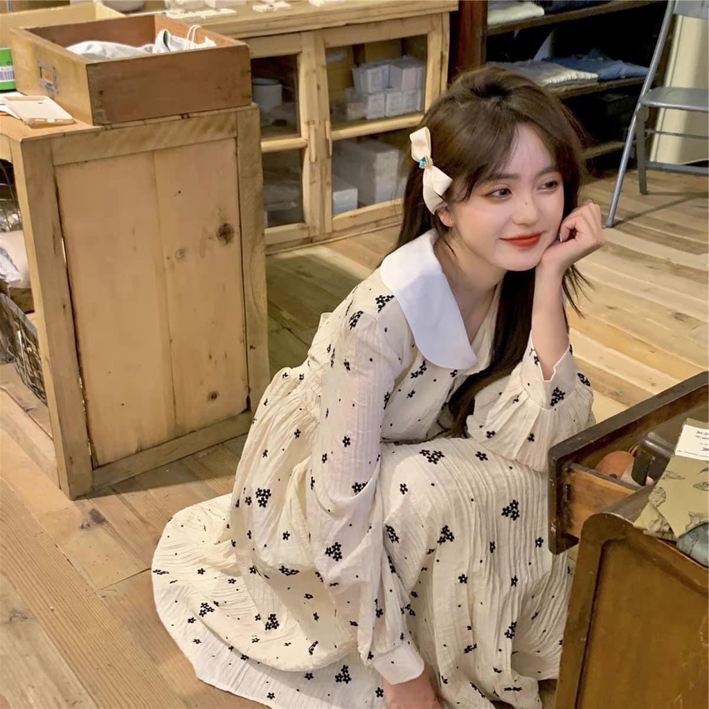 Đầm hoa nhí nhỏ phối cổ viền cúc cài ngực vintage