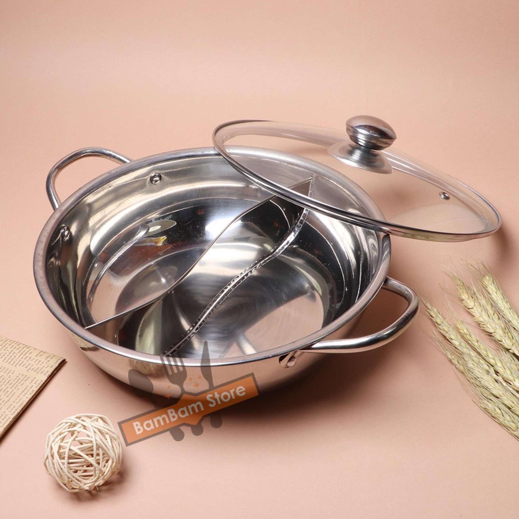Nồi lẩu 2 ngăn 32cm, và 30cm nấu được bếp từ nhé có nắp kính