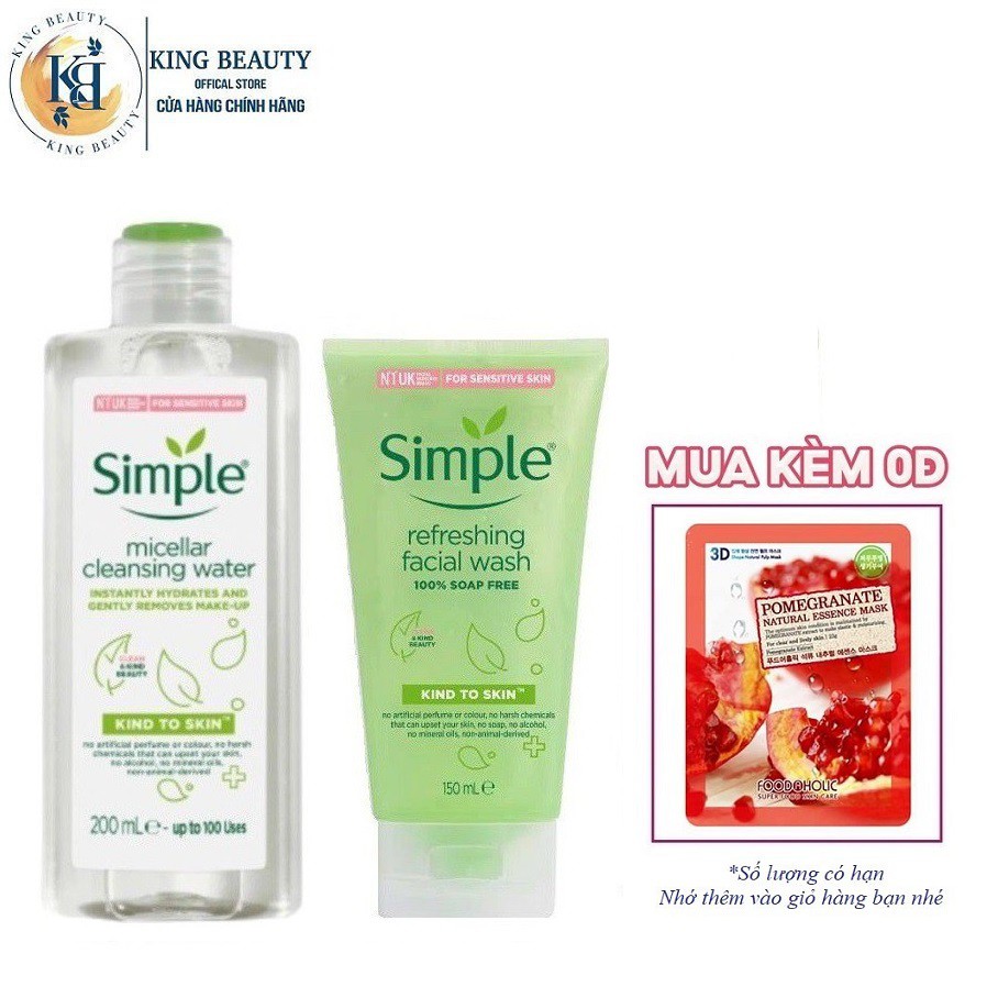 Combo Làm Sạch Sâu, Loại Sạch Dầu Thừa, Bụi Bẩn Trên Da Simple Kind To Skin (Tẩy trang 200ml + SRM 150ml)