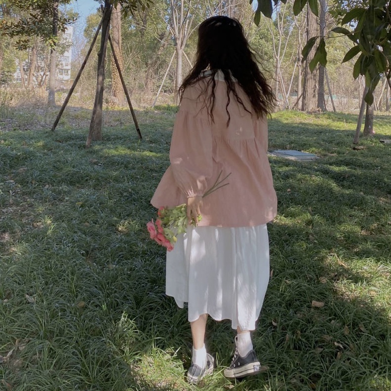 Set Áo Sơ Mi Cổ Búp Bê Chống Nắng + Chân Váy Màu Trơn Dễ Thương Cho Nữ