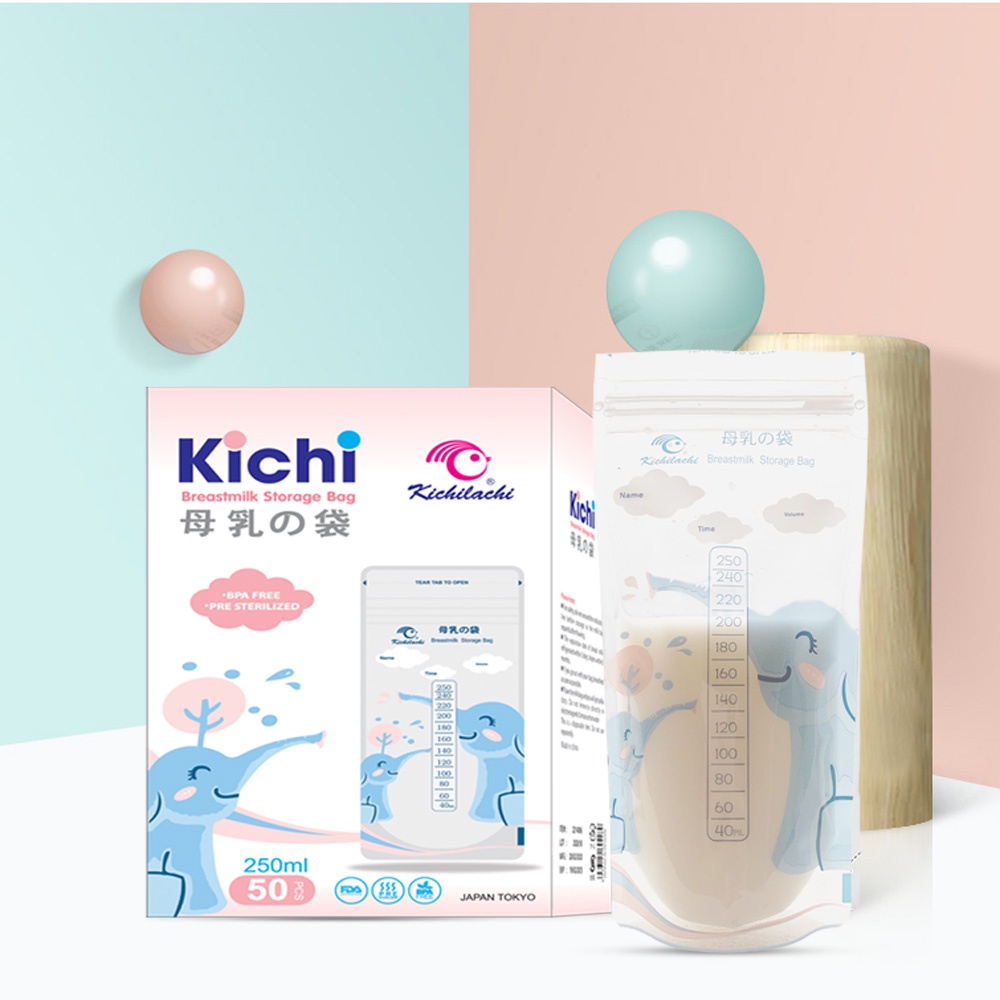 Combo sỉ 10 / 15 /20 hộp 50 Túi trữ sữa, túi đựng sữa mẹ Kichilachi 250ml voi con, 2 khóa zipper chắc chắn