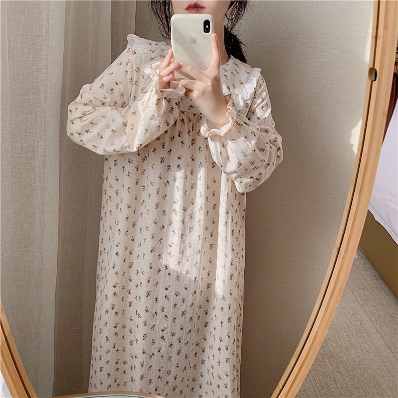 Đầm ngủ tay dài cổ búp bê phong cách công chúa thời trang cho nữ