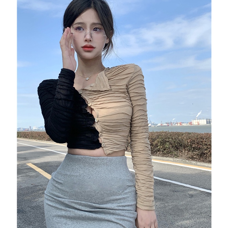 Áo Thun Tay Dài Dáng Ôm Màu Sắc Tương Phản Quyến Rũ Dành Cho Nữ