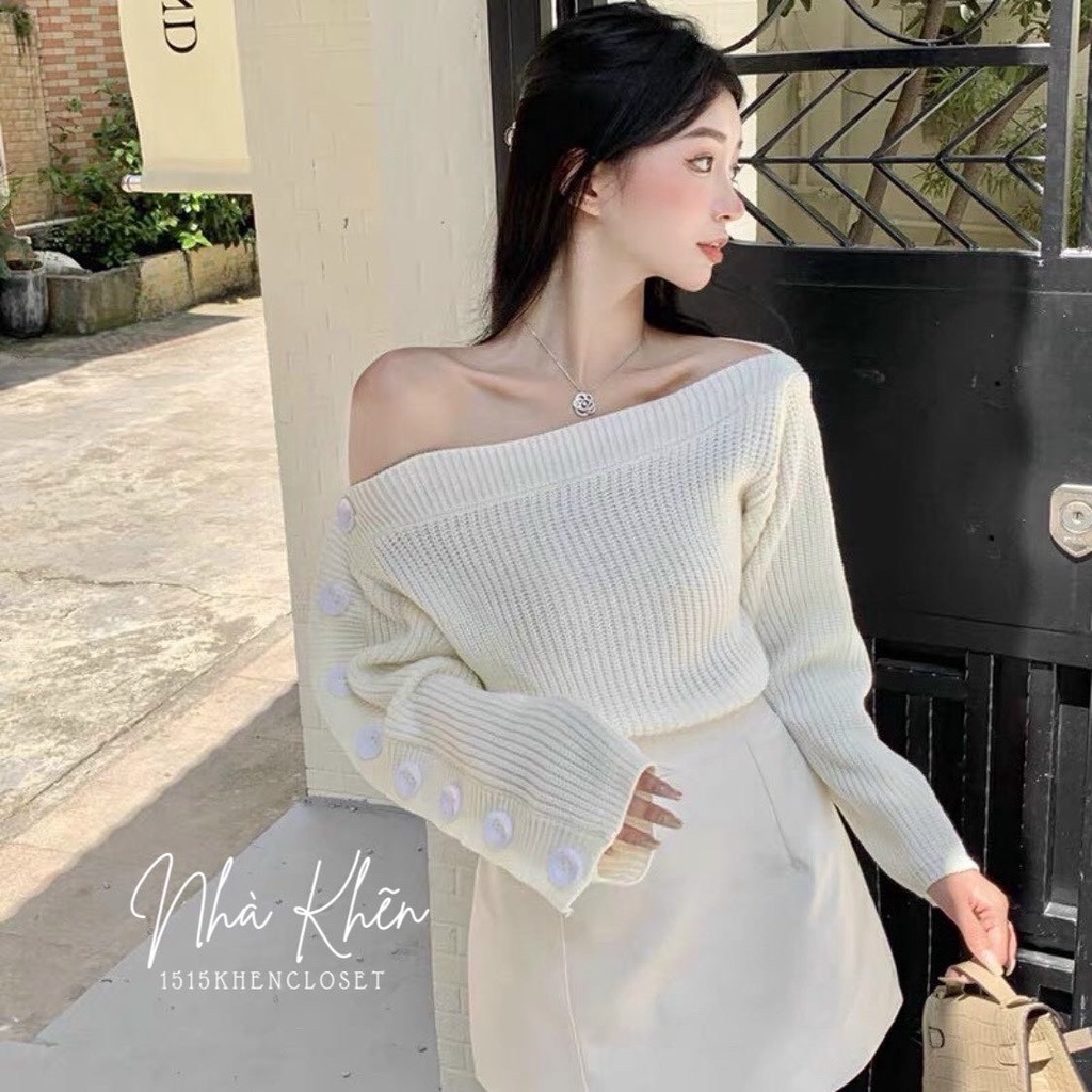 Set áo bẹt vai tay dài kèm chân váy