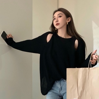 QKOOLE  Áo Thun Dệt Kim Tay Dài Cổ Tròn Màu Sắc Đơn Giản Phong Cách Hàn Quốc Cho Nữ