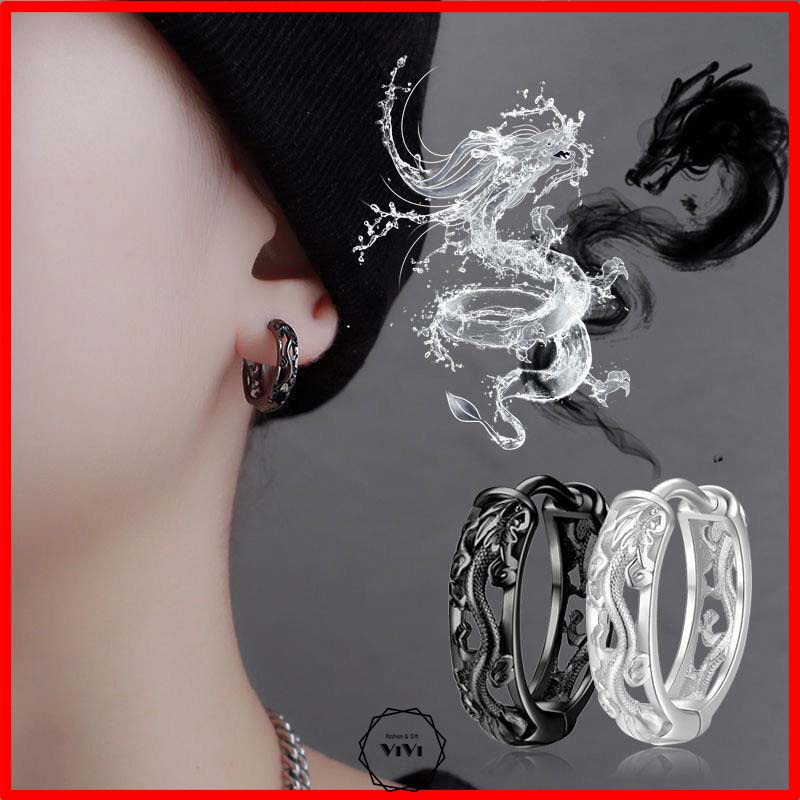 Bông tai bạc nam dáng tròn kiểu rồng bay Dragonfly 12mm – khuyên tai bạc ViVi_Gift