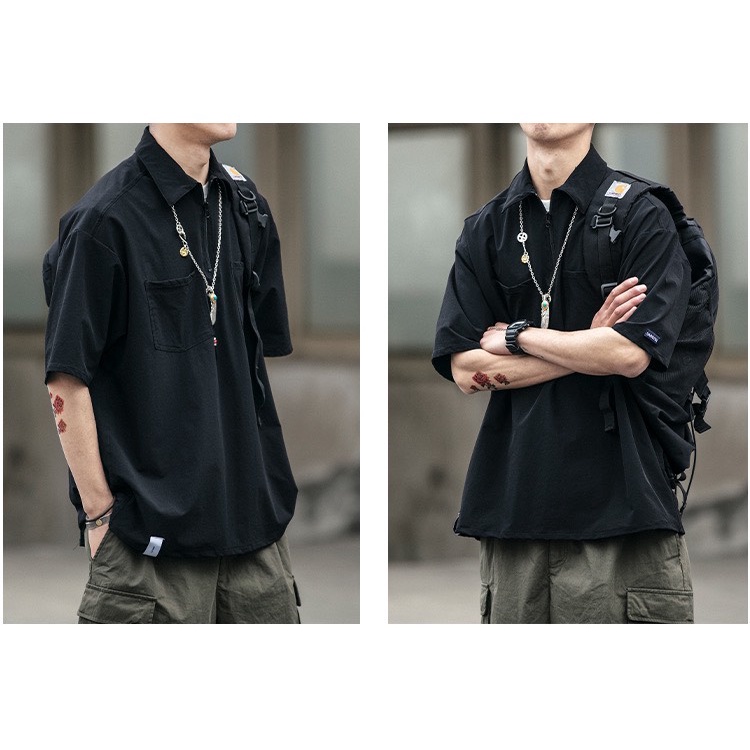 Áo sơ mi Khóa kéo tay ngắn nam nữ unisex form rộng tay lỡ basic, chất vải kaki cao cấp, thời trang 4 mùa,đi chơi, đi làm