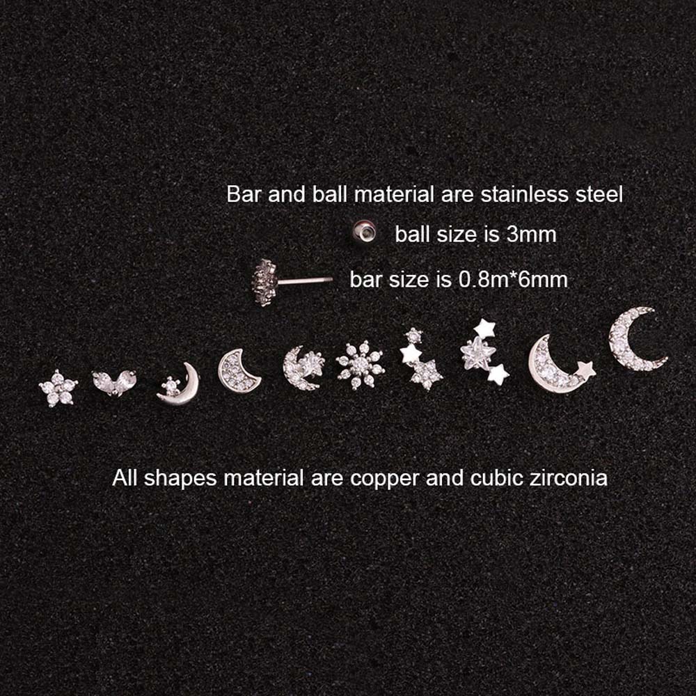 MXGOODS Star Flower Half Crescent Zircon Stainless Steel Stud Earrings