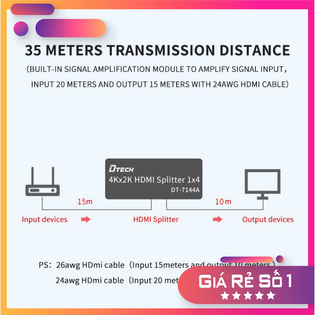 {FREESHIP} Bộ chia màn hình HDMI 1 ra 4 DTech 2020 DT7144A full HD tương trợ 4k*2k chính hãng Dtech