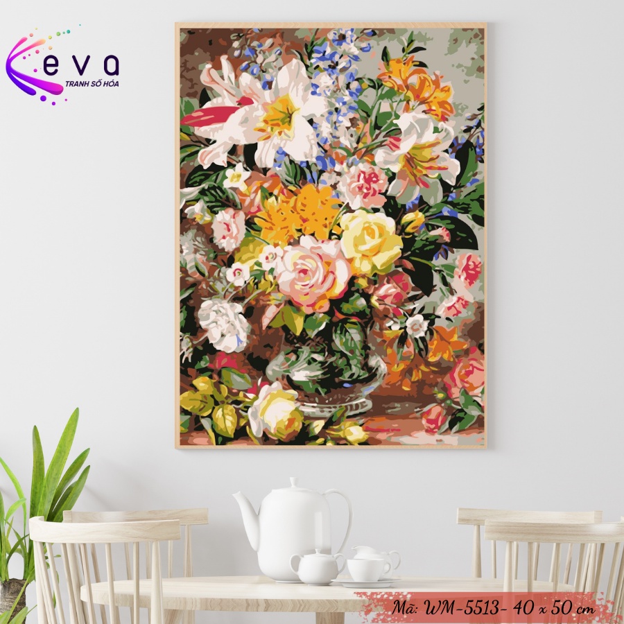 Tranh Sơn Dầu Số Hóa Tự Tô Màu Theo Số Mẫu Hoa - WM5513 Kèm Màu Acrylic Kích Thước 40x50cm