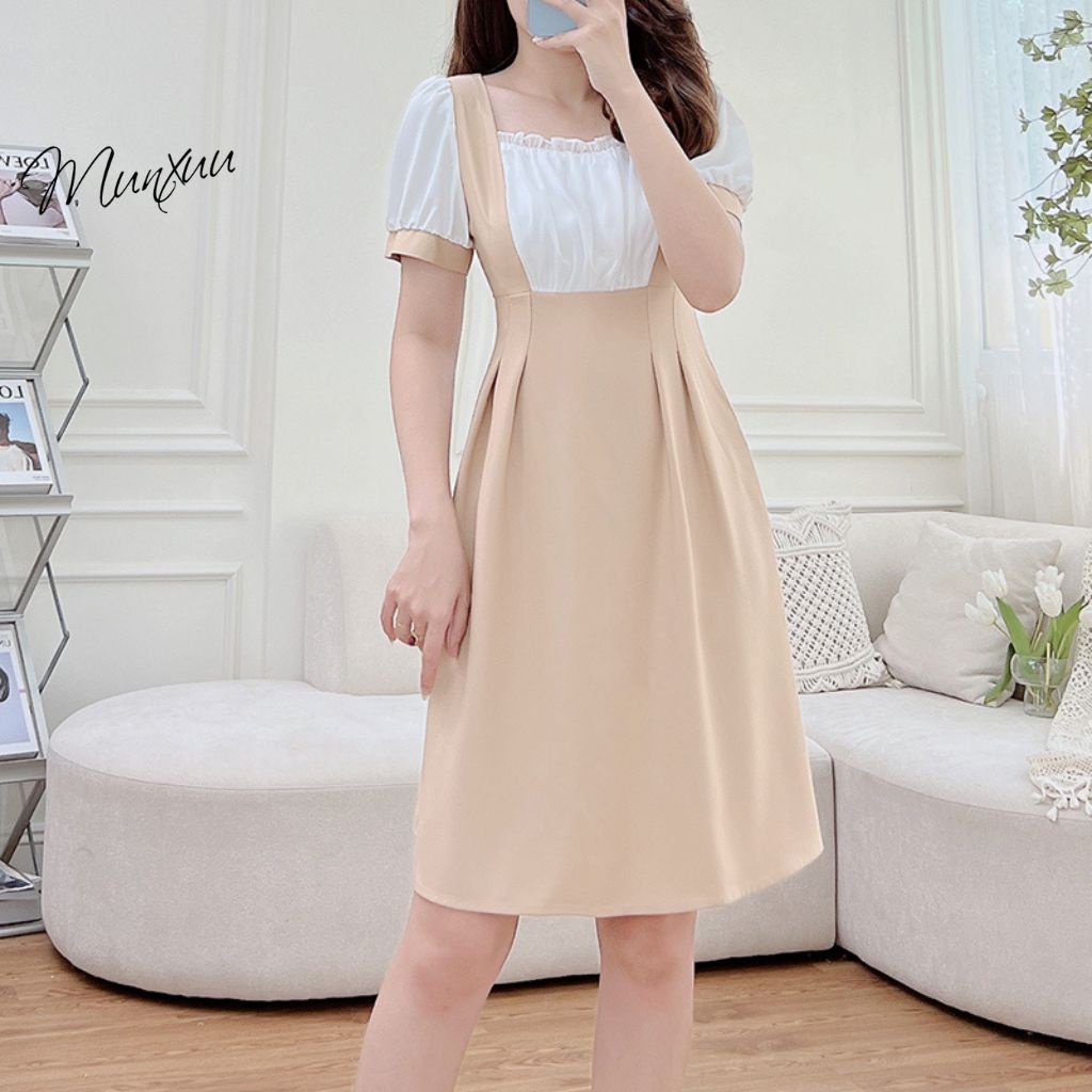 Váy nữ thiết kế MUNXUU phối bèo cổ vuông vải tơ mềm mát kiểu dáng thanh lịch - V10