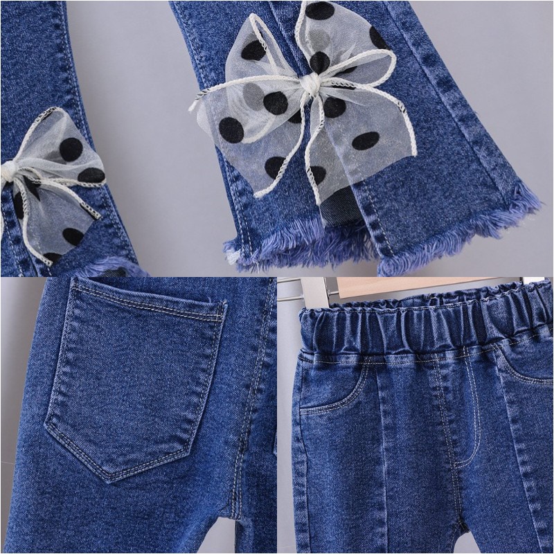 Quần jeans  ống loe đính nơ cho bé gái 1-7 tuổi