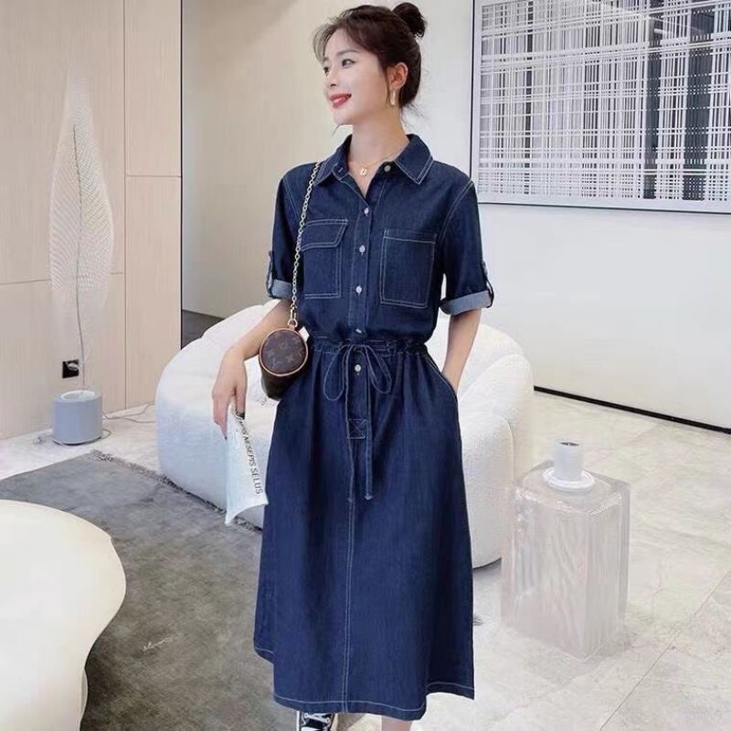 Đầm Jeans Nữ Form Suông Váy Sơ Mi Denim Dây Rút Eo Ngắn Tay Túi Nắp Dáng Xòe Nhẹ