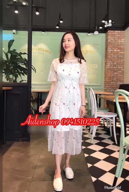 Váy bầu xinh thời trang thiết kế dự tiệc hoa nhí 3D ren cao cấp