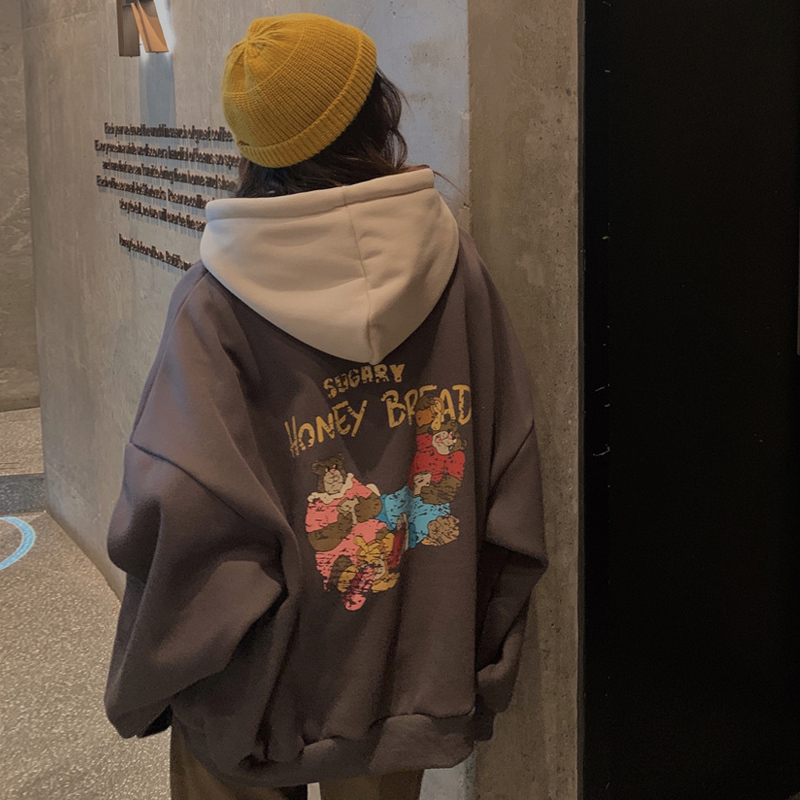 Áo nỉ hoodie nữ form rộng Áo hoodie nữ form rộng nỉ bông có mũ dài unisex oversize hình HONEY BREAD màu xám | BigBuy360 - bigbuy360.vn