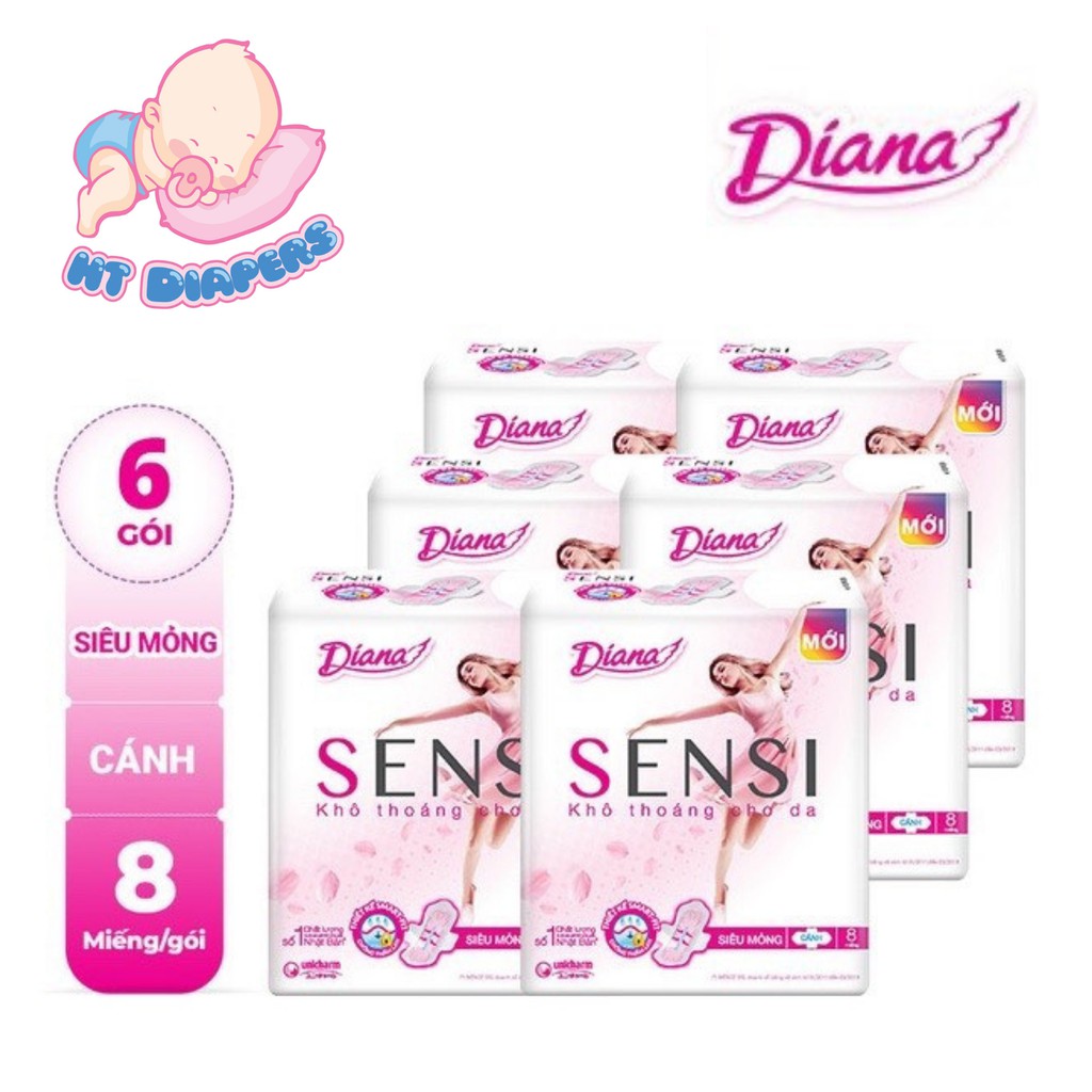 Băng Vệ Sinh Diana Sensi siêu mỏng cánh gói 8 miếng (6 gói)