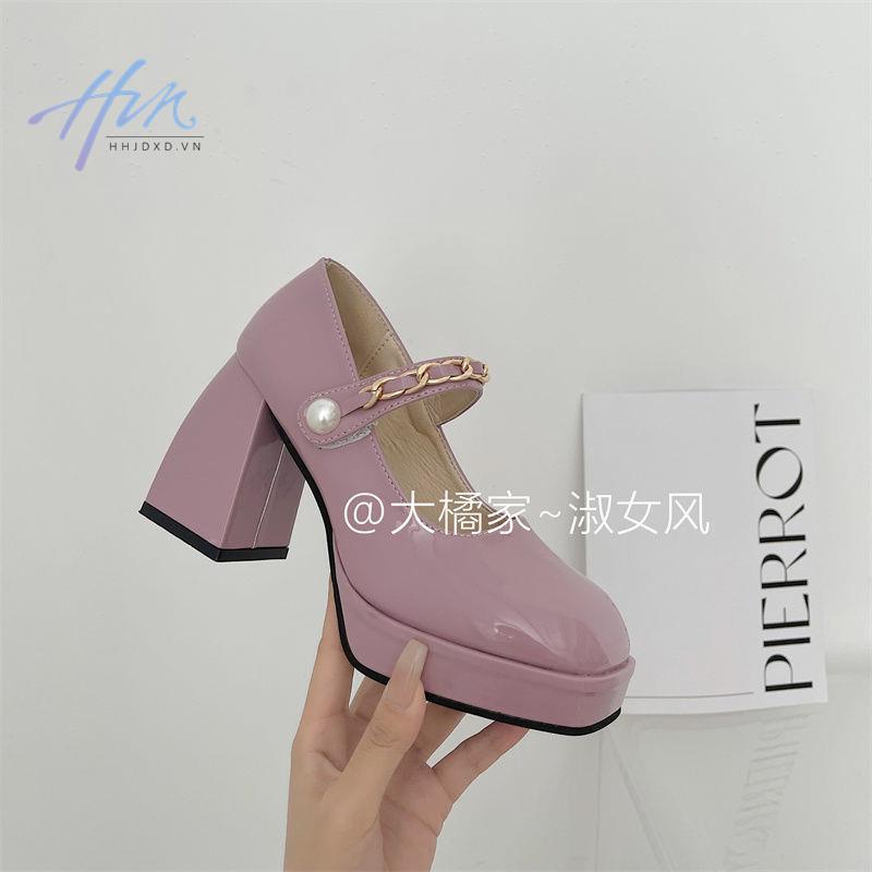 Giày Cao Gót Mũi Vuông Đế Dày Màu Tím Phong Cách Retro Pháp Thời Trang Mùa Xuân 2022 Mới Cho Nữ