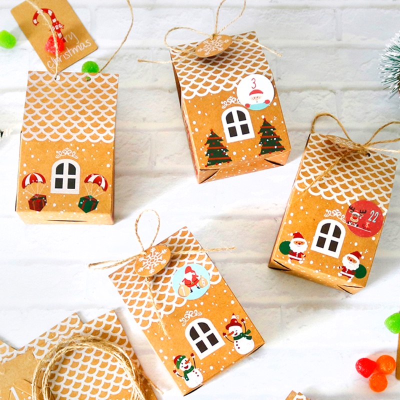 Be> DIY Christmas Advent Calendar Box 24 Sets Xmas House Kraft Paper Bag