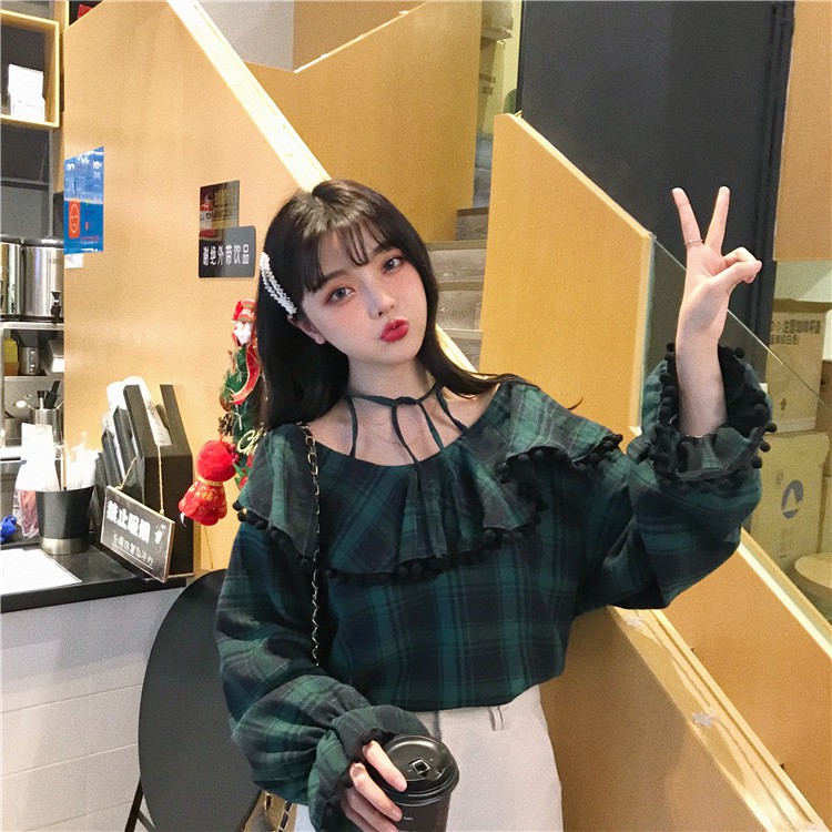 Áo Kiểu Trễ Vai Tay Dài Họa Tiết Sọc Caro Màu Sắc Tương Phản | BigBuy360 - bigbuy360.vn