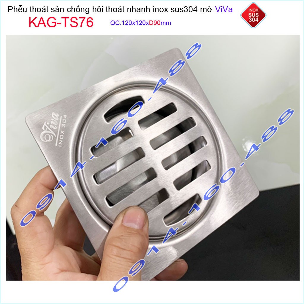 Phễu thoát sàn Viva KAG-TS76 12x12cm D90, phễu thoát sàn SUS304 đúc liền khối sales 40%, hố ga chống hôi inox 304 dày 1.