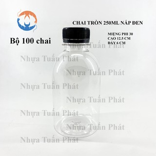 Bộ 100 chai nhựa pet tròn 250ml nắp đen