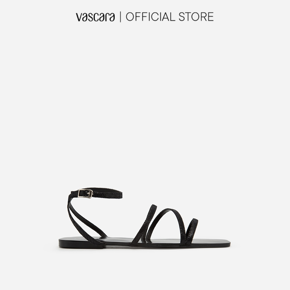 Vascara Giày Sandal Ankle Đế Bệt Mũi Vuông Vân Da Kỳ Đà SDK 0317 Đen