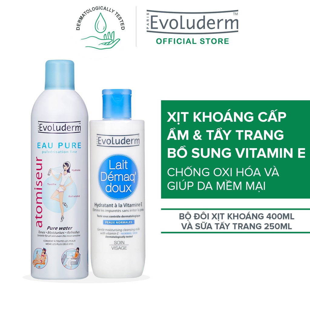 Bộ Xịt khoáng cấp ẩm Evoluderm 400ml và Sữa tẩy trang dành cho da thường Evoluderm 250ml