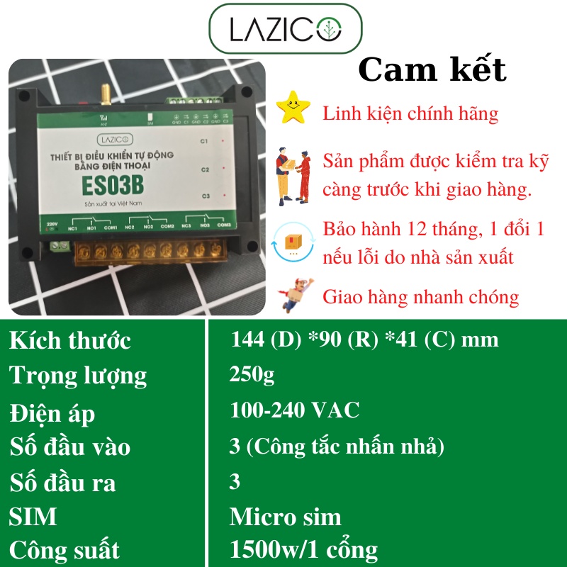 Bộ điều khiển từ xa cho máy bơm motor quạt 220V bằng điện thoại 3 kênh độc lập LAZICO ES03B