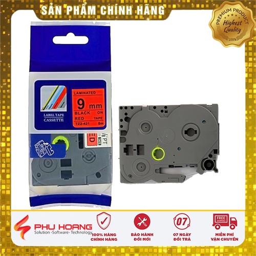 Nhãn in TZ2-421, Khổ rộng 9mm, chữ đen nền đỏ ( Black on red), nhãn đa lớp, bám dính cao