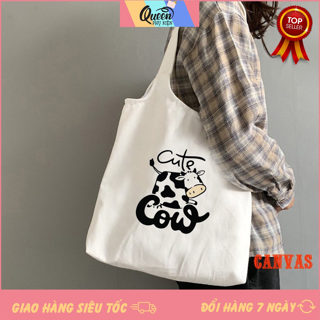 Túi Tote Trắng Vải Canvas Bò Sữa Cute Cow 1020 483 Thời Trang Dạo Phố Cực Đẹp