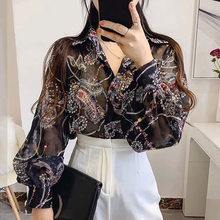 Áo voan tay phồng họa tiết in ấn phong cách trưởng thành chống nắng thời trang mùa hè Hàn Quốc cho nữ
