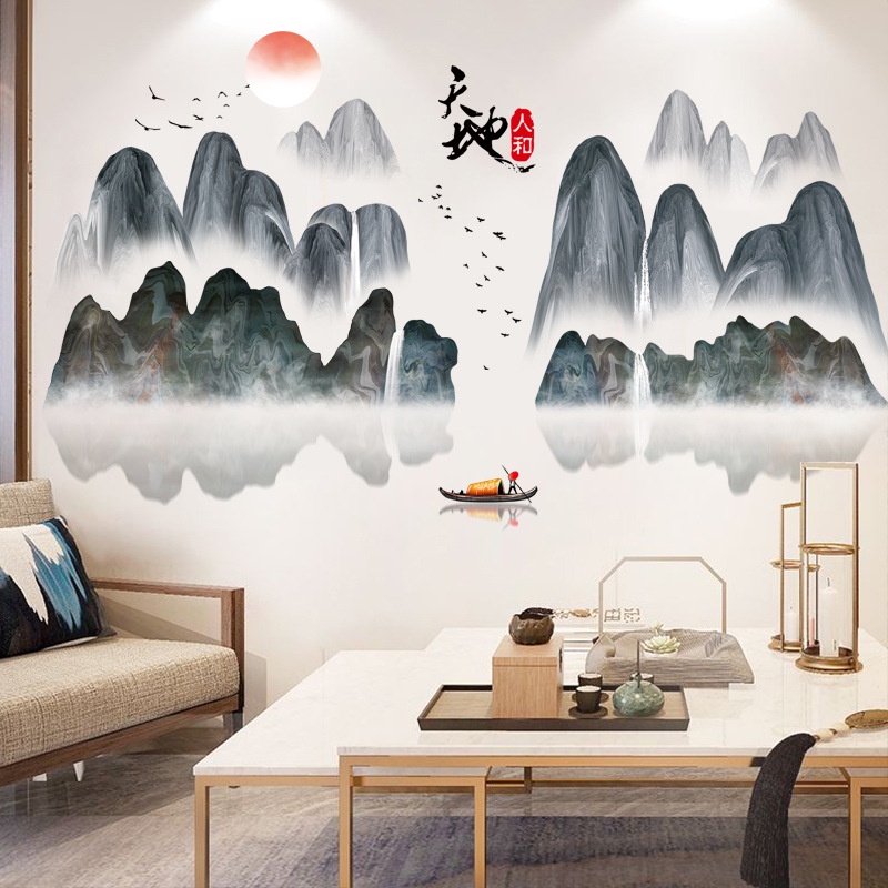 Decal dán tường Phong thủy, sơn thủy 3D núi non