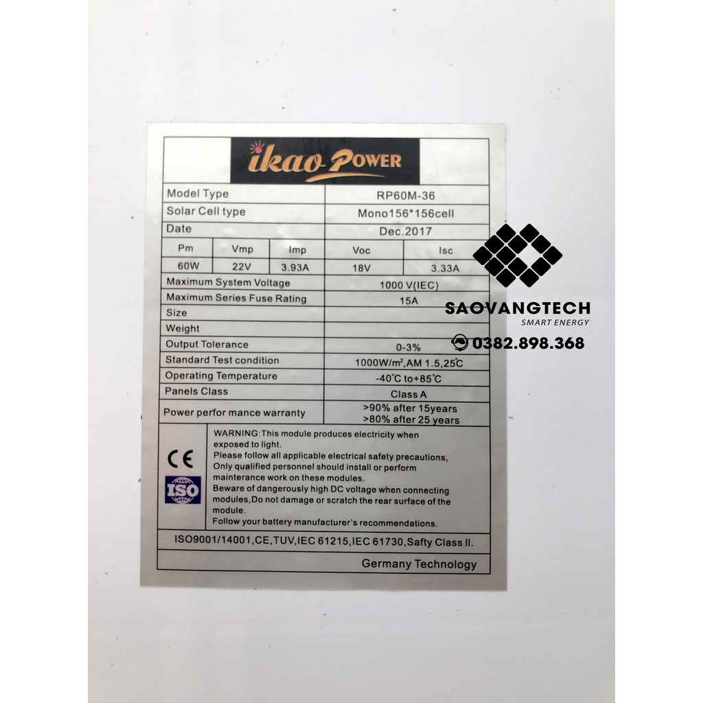 Tấm pin năng lượng mặt trời 60W MONO