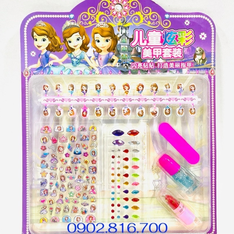Vỉ đồ chơi trang điểm làm móng làm nails sticker 3D nổi dán móng tay cho bé gái hình Elsa-babie-Kitty-Pony-sofia-Ariel