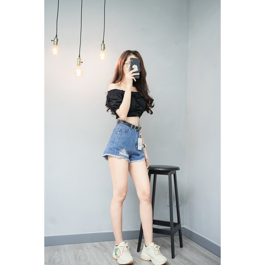 [FREESHIP_50K] Quần short jean nữ lưng cao phối rách denim cotton, rin ngắn phối rách AnNgo - AT73