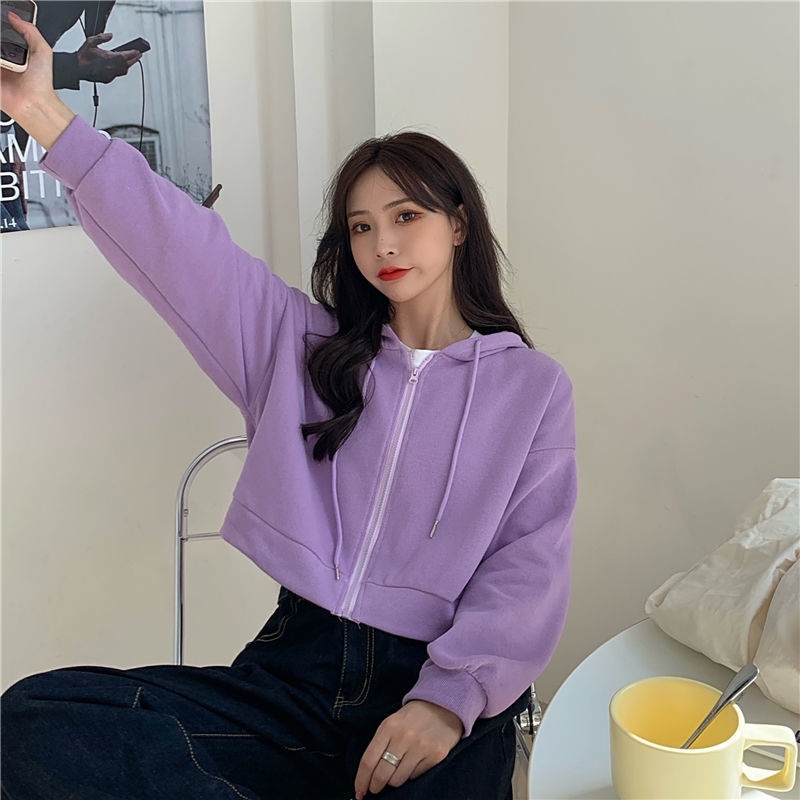 Áo khoác nữ dài tay có mũ trùm đầu màu tím