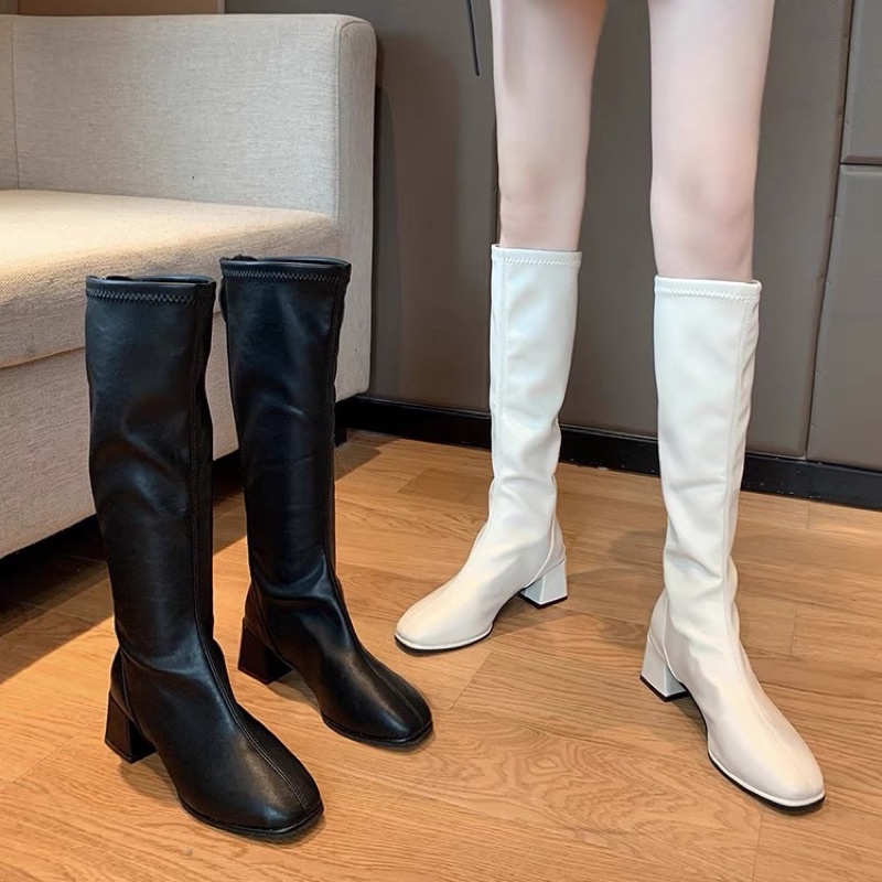 Boots lửng cổ cao dưới gối da mềm ôm chân gót vuông cao 5cm