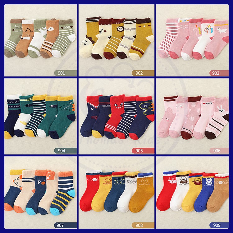 Set 5 đôi vớ từ cotton thấm hút mồ hôi in họa tiết hoạt hình dễ thương cho bé 1-12 tuổi C107