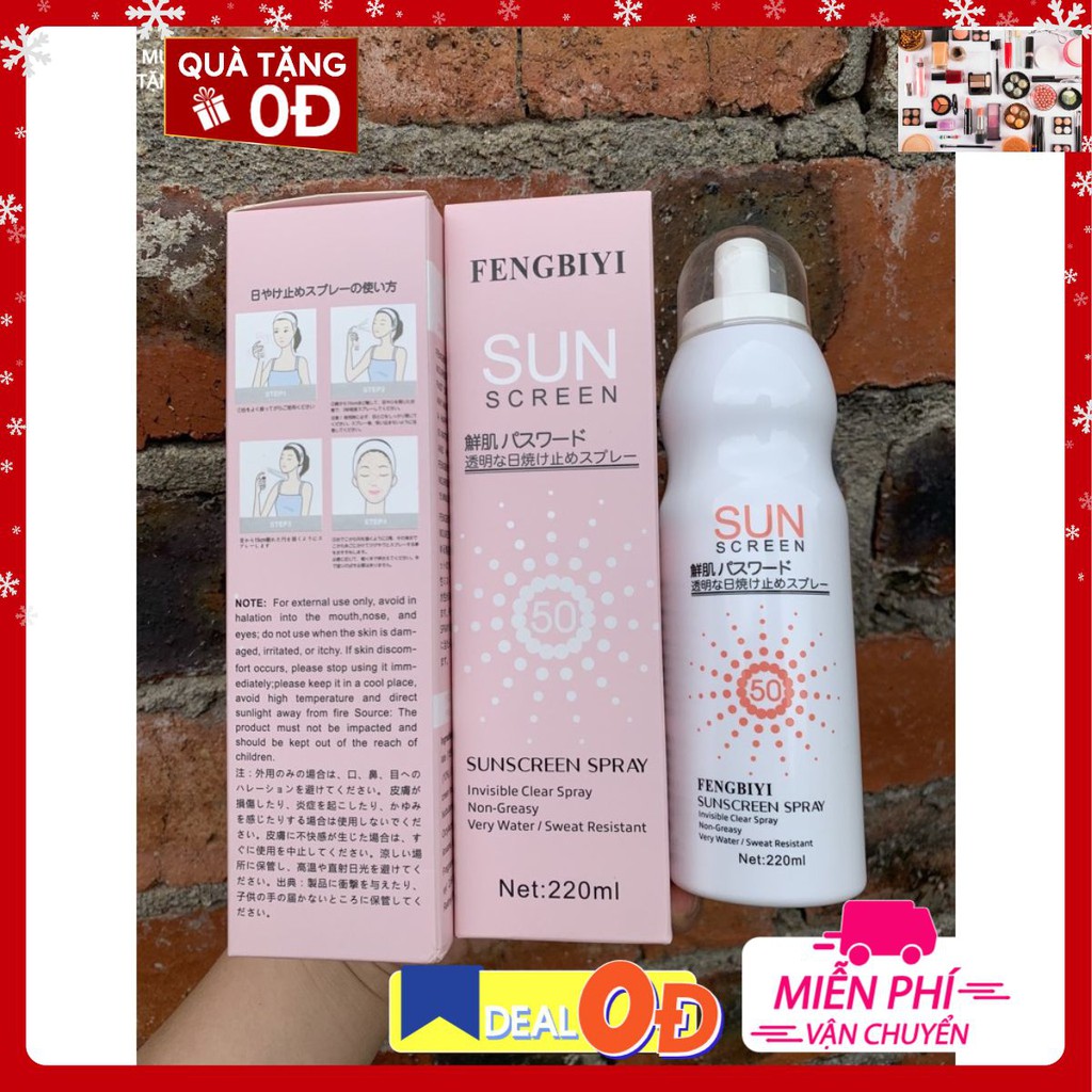 Kem chống nắng cho da mặt và toàn thân Sunscreen Spray Fengbiyi 220ml SPF50, giúp bảo vệ da khỏi các tác hại bên ngoài