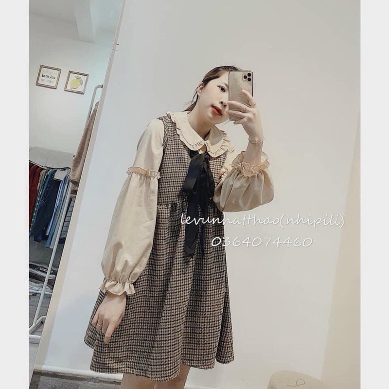 Set áo sơ mi cổ sen mix yếm dạ kẻ lót lông