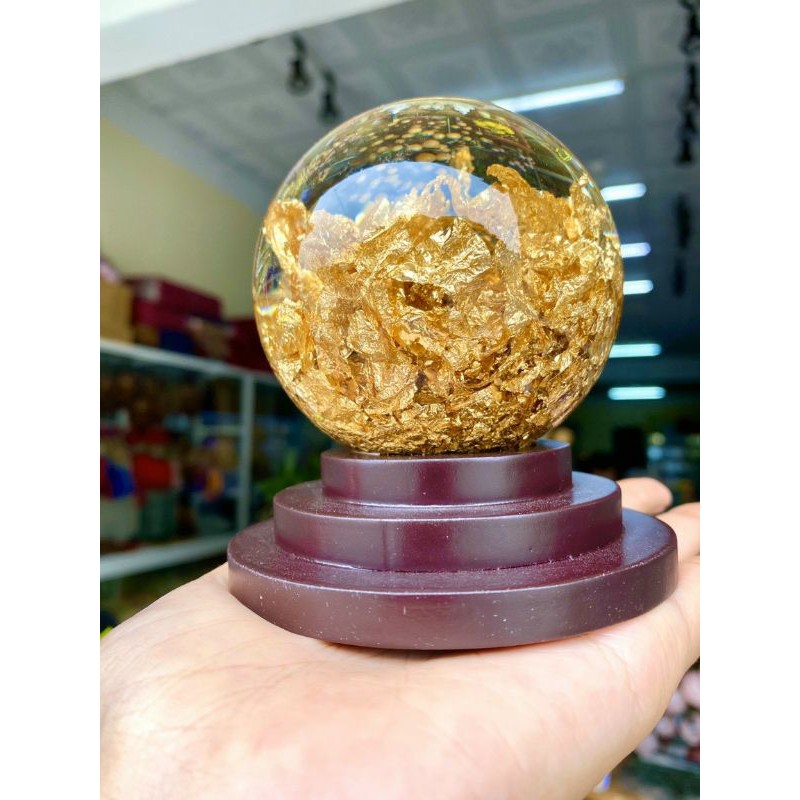 Quả Cầu Phong Thủy Pha Lê Vàng Lá Để Bàn Làm Việc