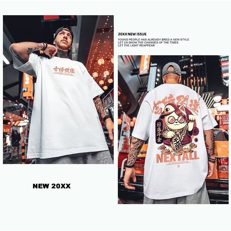 Áo Thun Tay Ngắn Cổ Tròn In Hình Mèo May Mắn Phong Cách Hàn Quốc Thời Trang Mùa Hè Cho Nam Và Nữ size M-8XL