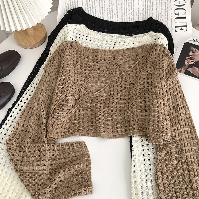 NUZIRO Áo croptop  dệt kim tay dài cổ tròn phối lưới kiểu Hàn Quốc xinh xắn thời trang cho nữ