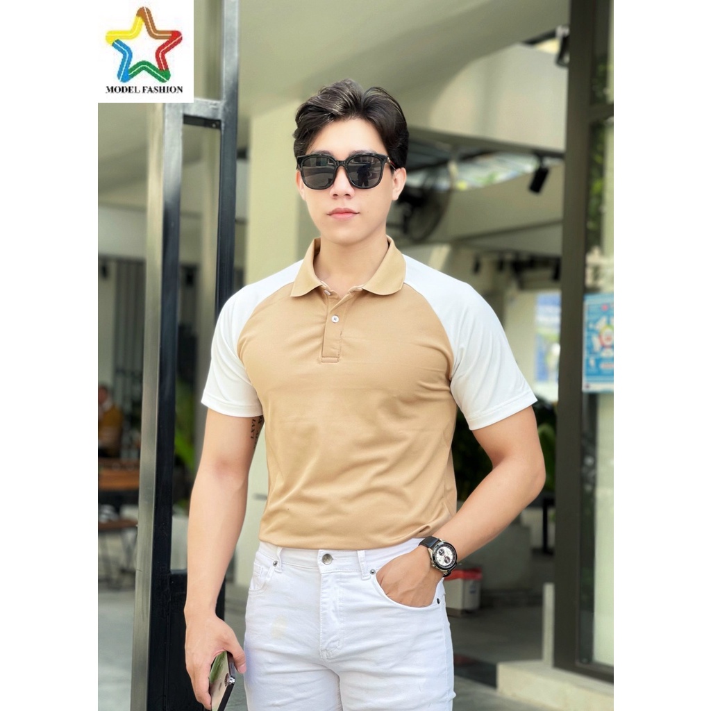 Áo thun polo nam nữ tay ngắn trắng sọc be Hàn Quốc Model Fashion