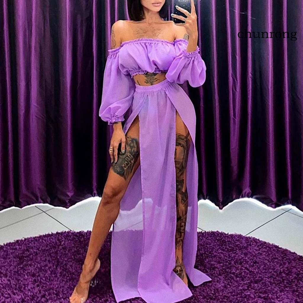 Bộ Trang Phục 2 Mảnh Gồm Áo Hở Vai Và Chân Váy Dài Xẻ Tà Quyến Rũ Thời Trang Đi Biển Cho Nữ