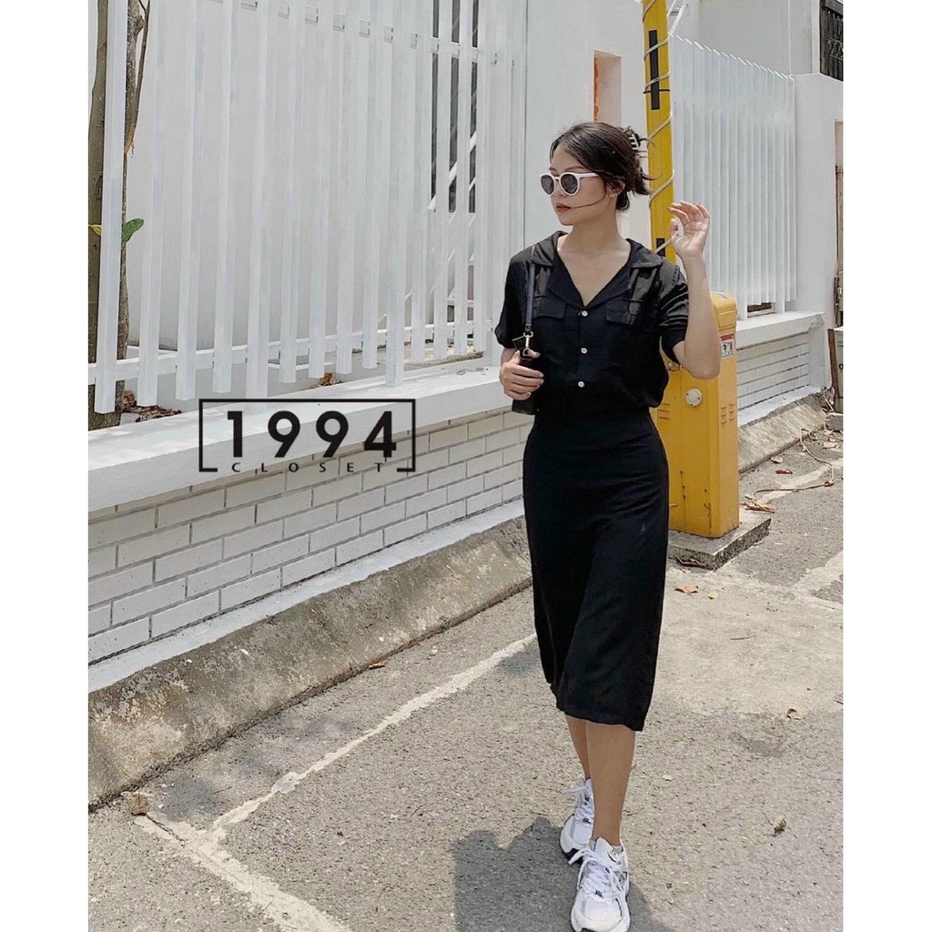 SET ÁO CROP ĐEN CỔ VEST CVAY MIDI NH572