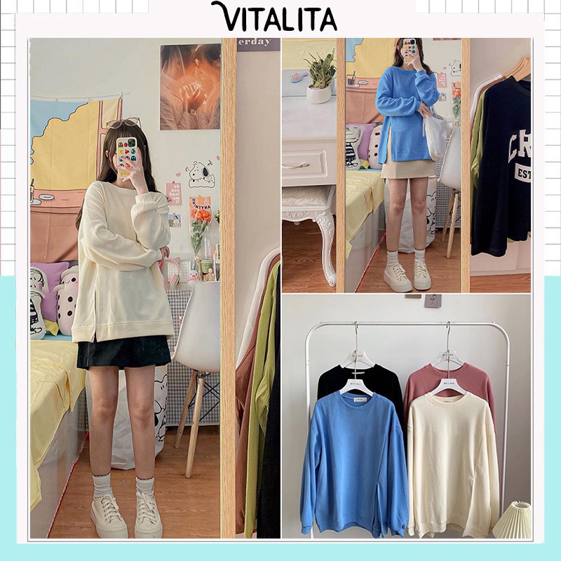 Áo Hoodie nữ form rộng nỉ tăm xẻ vạt trơn nhiều màu Be/ Đen/ Xanh/ Hồng - Hàng Quảng Châu - Vitalita.cloth