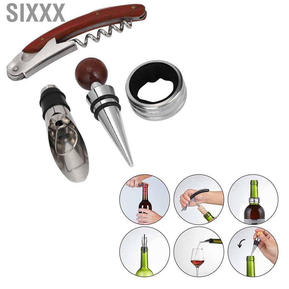 Sixxx 4pcs Multi‑Functional Wine Bottle Opener Kit Corkscrew Stopper Pourer Gift Box Set
