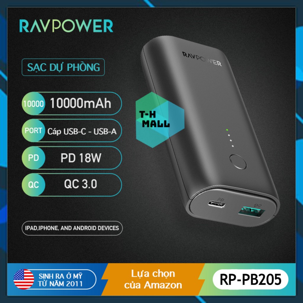 [LÕI PIN LG21700]Pin sạc dự phòng RAVPower 10000mAh PD 18W QC 3.0 Lõi pin LG cao cấp Black RP-PB205